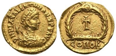 Valentiniano III, Tremissis (AV) con busto diademato e cornucopia, Mediolanum