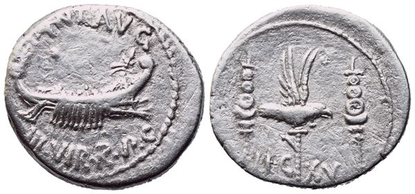 Mark Antony, Denarius, military mint moving with Mark Antony (Patrae?), 32-31 BC; AR (3,28 g; 18,2 mm; 6 h)