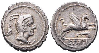 L. Papius, Denario serrato (79 a.C.), testa di Giunone Sosipita e grifo in corsa con lira