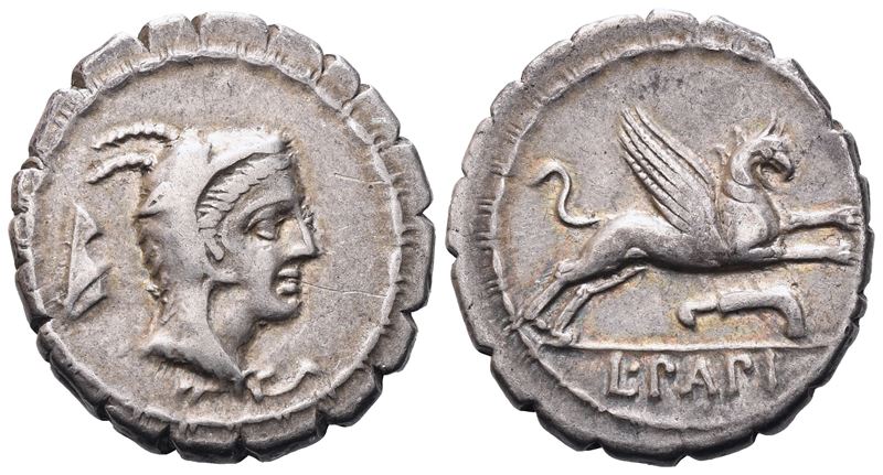 L. Papius, Denario serrato (79 a.C.), testa di Giunone Sosipita e grifo in corsa con lira