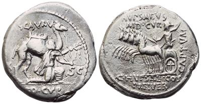M. Aemilius Scaurus , Pub. Plautius Hypsaeus, Denarius, Rome, 58 Bc; Ar (3,37 G; 19,1 MM; 3 H)