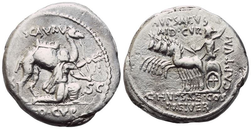 M. Aemilius Scaurus , Pub. Plautius Hypsaeus, Denarius, Rome, 58 Bc; Ar (3,37 G; 19,1 MM; 3 H)