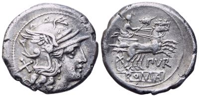 Furius Purpurio, Denarius, Rome, 169-158; Ar (19,3 MM; 12 H)