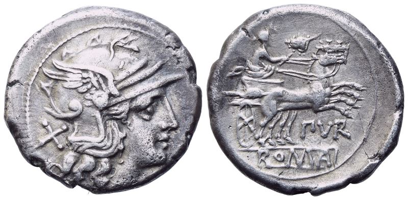 Furius Purpurio, Denarius, Rome, 169-158; Ar (19,3 MM; 12 H)