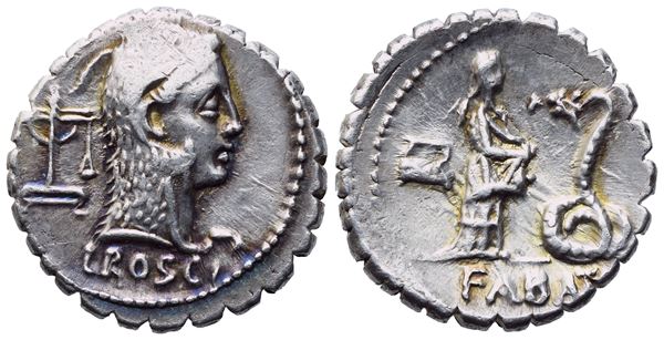 L. Roscius Fabatus, Denarius serratus, Rome, 59 BC; AR (3,91 g; 17,8 mm; 4 h)