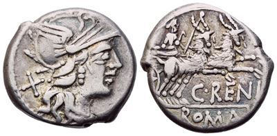 C. Renius, Denarius, Rome, 138 Bc; Ar (3,88 G; 17,2 MM; 4 H)