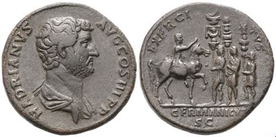 Hadrian, Hadrian Sestertius con testa laureata e busto drappeggiato; monetazione in bronzo Æ