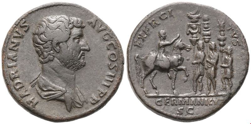 Hadrian, Hadrian Sestertius con testa laureata e busto drappeggiato; monetazione in bronzo Æ
