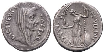 C. Iulius Caesar e P. Sepullius Macer, Denario (44 a.C.), AR