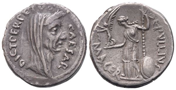 C. Iulius Caesar and P. Sepullius Macer, Denarius, 44 BC; AR (3,78 g; 17 mm; 4 h)