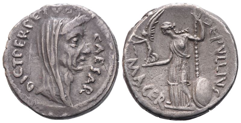 C. Iulius Caesar e P. Sepullius Macer, Denario (44 a.C.), AR