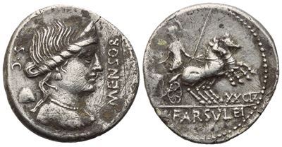 L. Farsuleius Mensor, Denario repubblicano con busto di Libertas e Roma su biga, 76 a.C.
