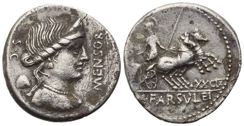 L. Farsuleius Mensor, Denario repubblicano con busto di Libertas e Roma su biga, 76 a.C.