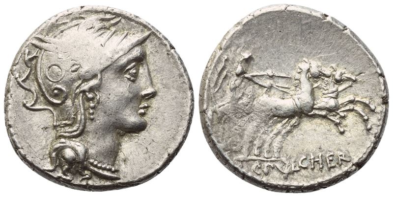 C. Claudius Pulcher, Denario romano, Roma, 110-109 a.C.