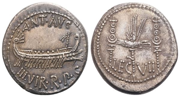 Marcus Antonius, Denarius, Mint moving with M. Antonius (Patrae?), 32-31 BC; AR (3,58 g; 18,2 mm; 6 h)