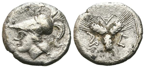 Northern Apulia, Arpi, c. 215-212 BC. AR Triobol (13 mm, 2.02g).  - Auction GREEK & ROMAN PROVINCIAL COINS AND NUMISMATIC LITERATURE Including a wide selection of Alexandrian Coins from the Dattari Collection - Bertolami Fine Art - Prague