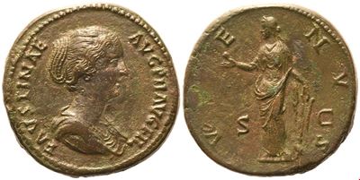 Imperatore Faustina II, Sestertzio battuto sotto Antonino Pio (Roma, 145–146), bronzo