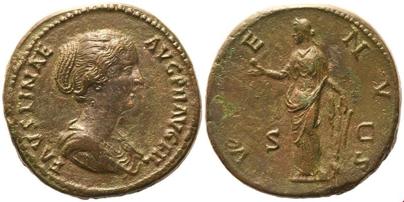 Imperatore Faustina II, Sestertzio battuto sotto Antonino Pio (Roma, 145–146), bronzo