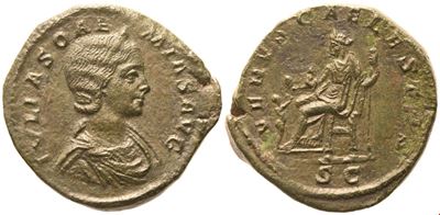 Julia Soaemias, Sestertius con busto diademato e drappeggiato e Venere seduta (struck under Elaga...