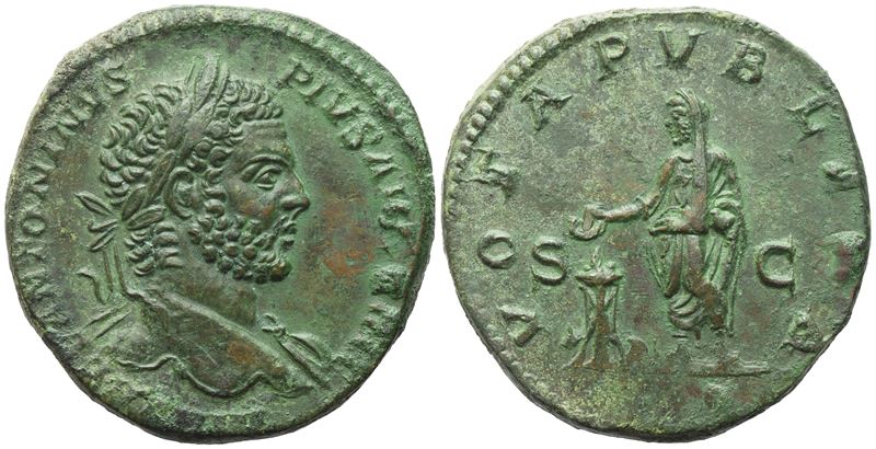Caracalla, Sestertius (Roma, 210-213), Æ, con busto laureato e scena di sacrificio