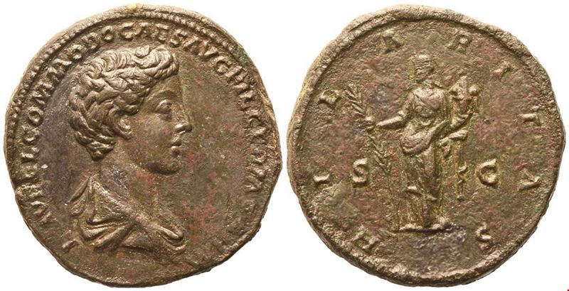 Commodus, Sestertius in bronzo con testa di Commodus come Cesare (Æ), Roma, 179 d.C.