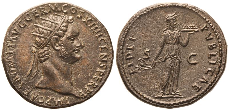 Domiziano (81–96 d.C.), Dupondio, Roma, 85 d.C., testa radiata con patina bruna e toni rossastri