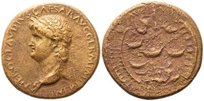 Nero, Sesterzio romano con busto laureato e veduta del porto di Ostia