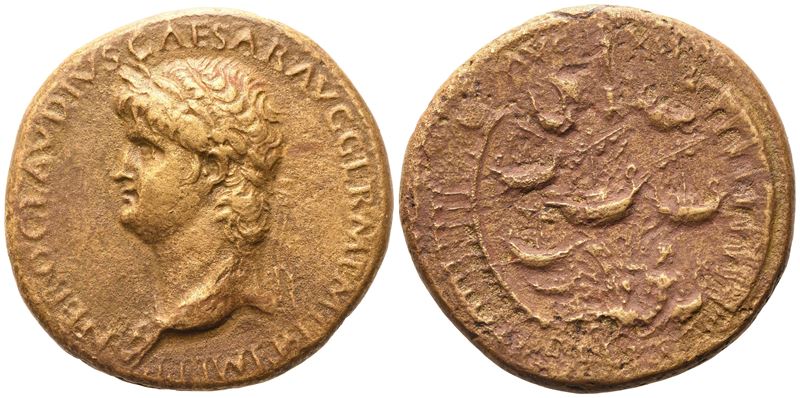 Nero, Sesterzio romano con busto laureato e veduta del porto di Ostia