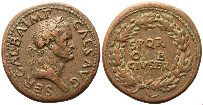 Galba (68–69), Sesterzio (Sestertius) in bronzo, Roma, ca. giugno–agosto 68 (Æ), busto drappeggia...