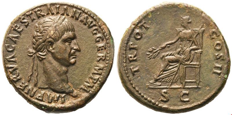 Traiano (98-117), Sesterzio (Sestertius) e bronzo con legenda IMP NERVA CAES TRAIAN AVG GERM P M