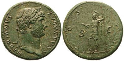 Hadrian (117-138), Sestertius, Roma, 125–128 — Æ (28,14 g; 33 mm; 5 h), Virtus