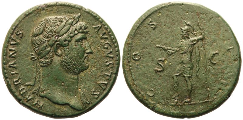 Hadrian (117-138), Sestertius, Roma, 125–128 — Æ (28,14 g; 33 mm; 5 h), Virtus
