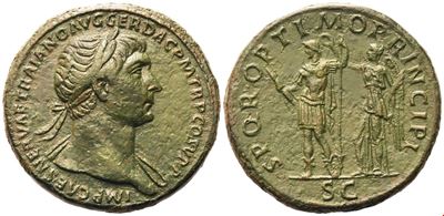 Traiano (98–117), Sesterzio romano, con patina verde