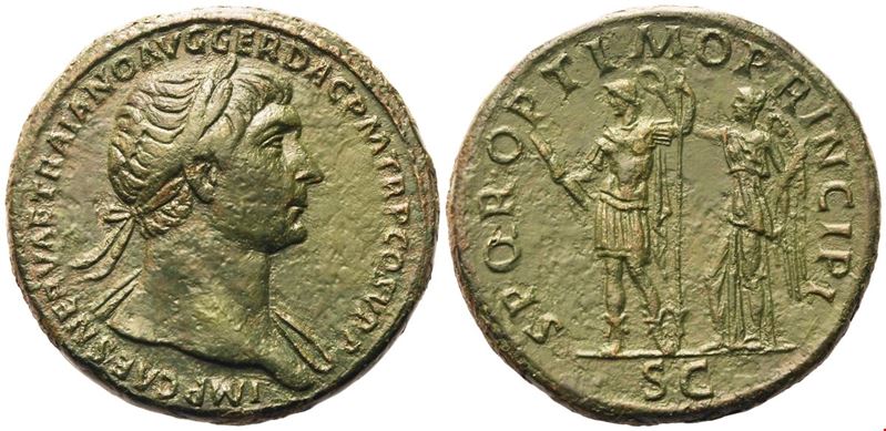 Traiano (98–117), Sesterzio romano, con patina verde