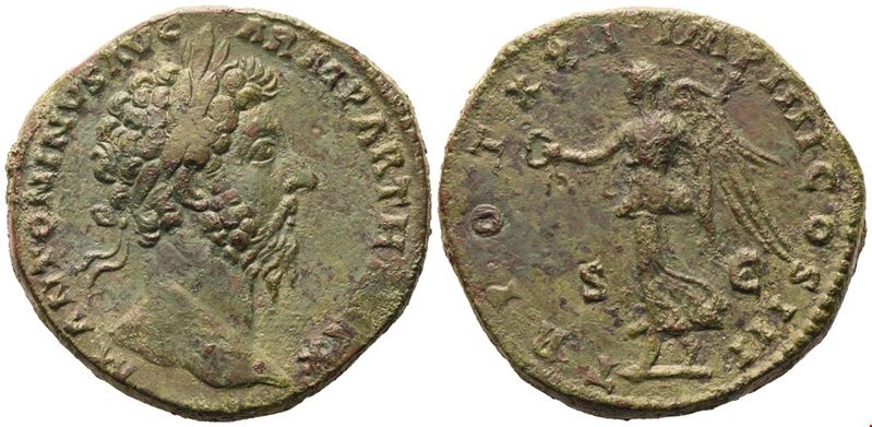 Marcus Aurelius (161–180), Sestertius romano (Æ) con Vittoria avanzante