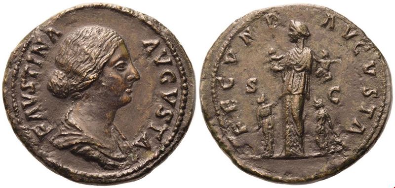 Faustina II, Sestertius con Fecunditas, colpito sotto Marco Aurelio e Lucio Vero, Roma, 161 d.C.