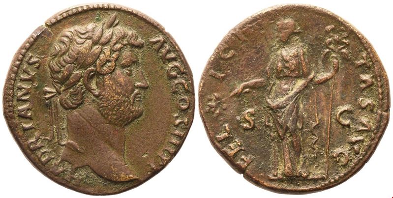 Hadrian, Sesterzio (sestertius) di Roma, 134–138 d.C., bronzo Æ