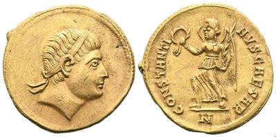 Costantino II, Solidus con testa laureata e figura imperiale, Nicomedia (325–326), AV