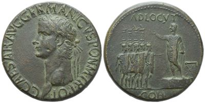 Roma, Gaius (37–41), Sesterzio in bronzo (Æ), testa laureata di Gaius / scena con soldati e aquil...