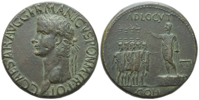 Roma, Gaius (37–41), Sesterzio in bronzo (Æ), testa laureata di Gaius / scena con soldati e aquil...
