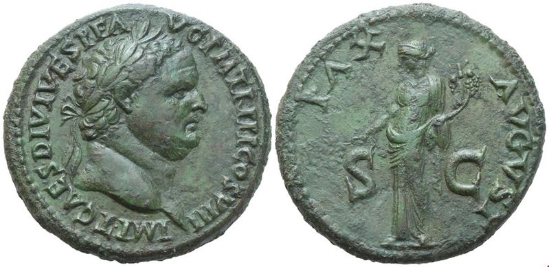 Titus (79–81), Sesterzio, coniatura “Eastern mint” (Tracia?), Æ, rovescio Pax