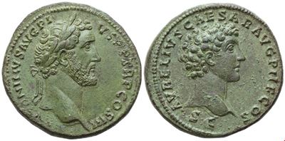 Antoninus Pius, con Marcus Aurelius (caesari), Sesterzio in bronzo (Sestertius), Roma, 140–144 d....