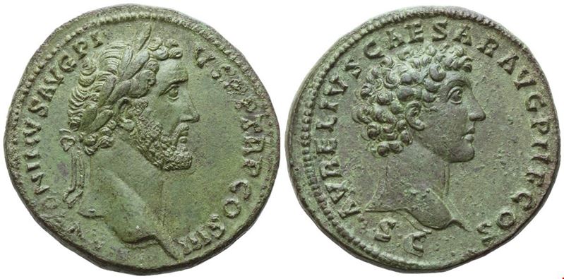 Antoninus Pius, con Marcus Aurelius (caesari), Sesterzio in bronzo (Sestertius), Roma, 140–144 d....