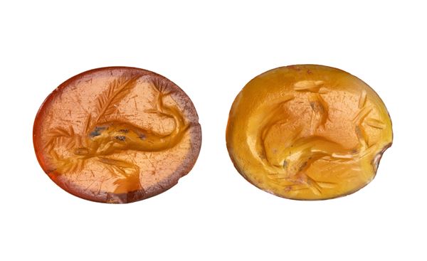 A lot of 2 carnelian Roman intaglios. Sea scenes.