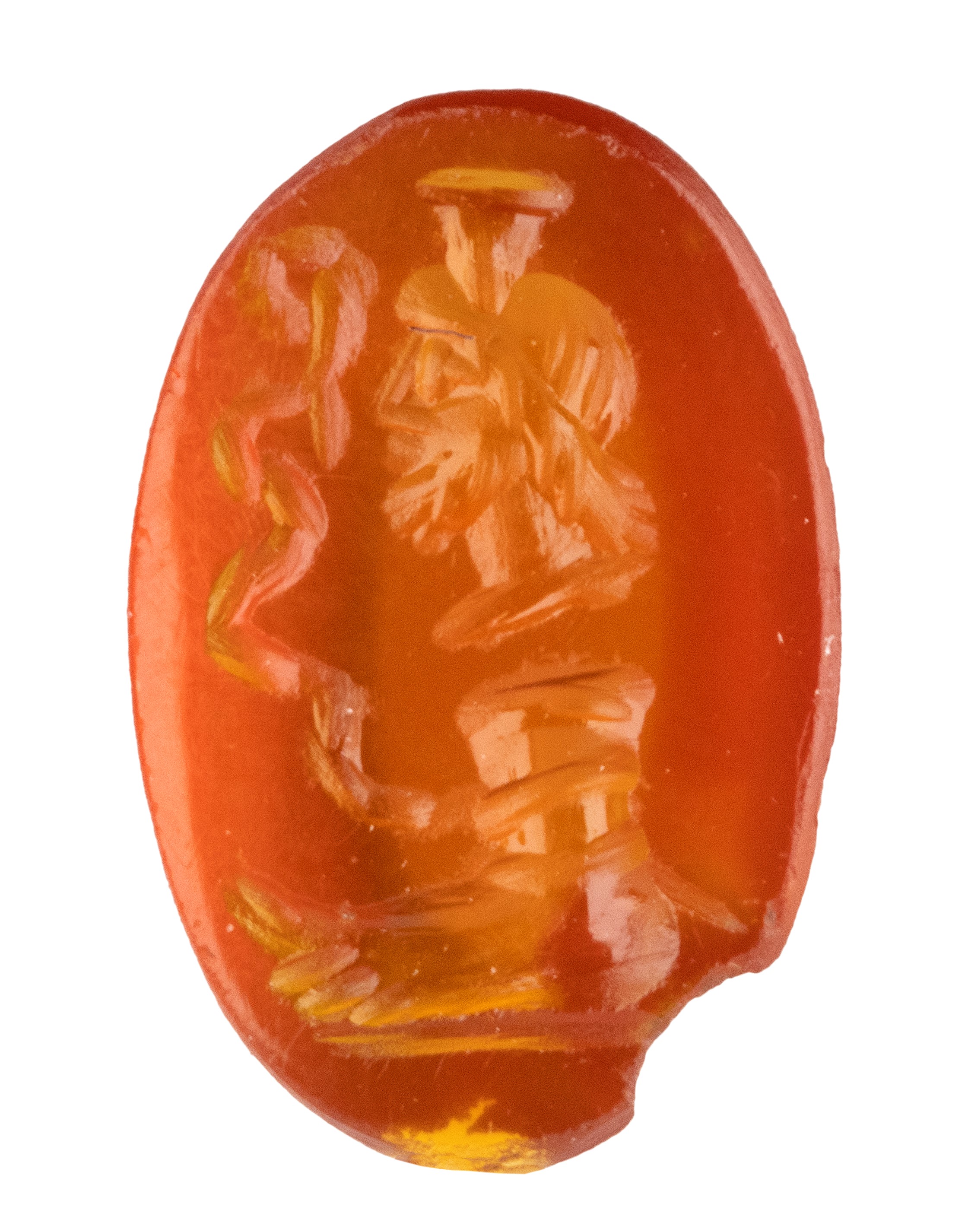 A Roman magical carnelian intaglio. Serapis with foot and snake.