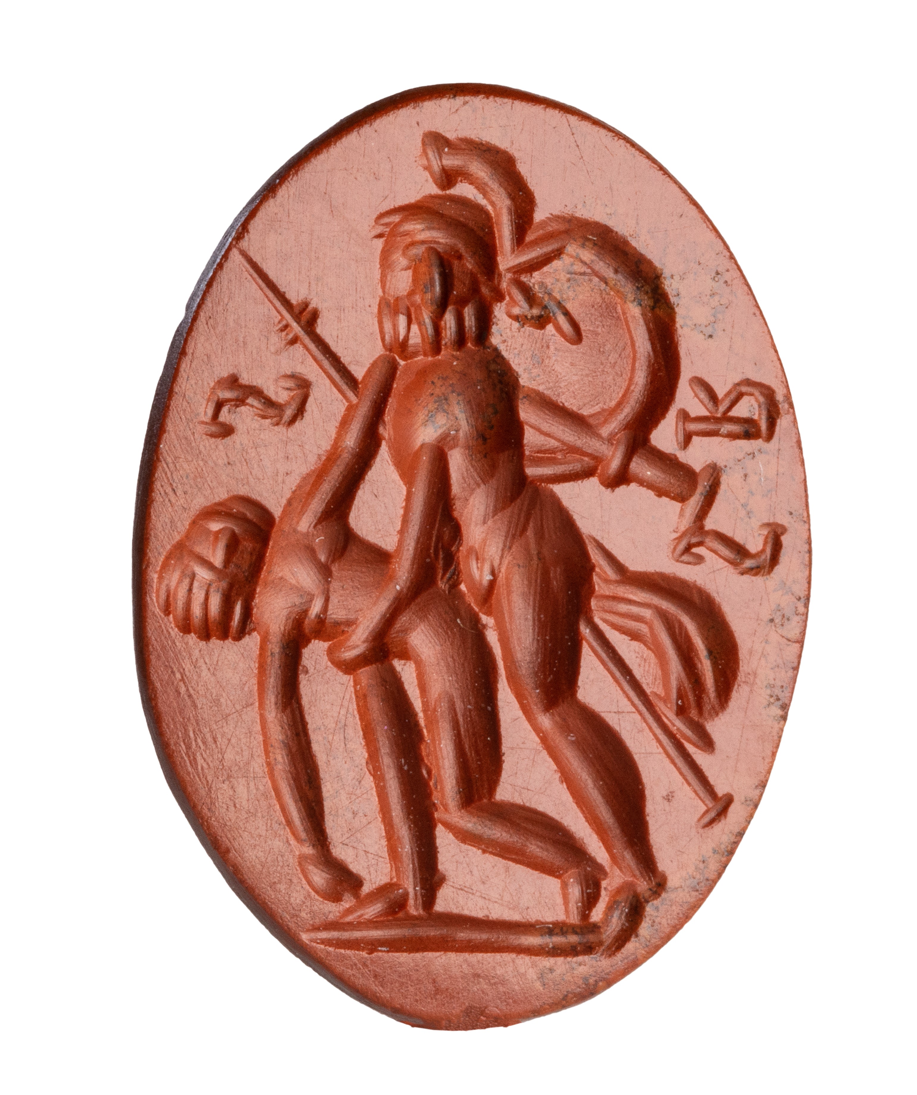 A Roman red jasper intaglio. Menelaos and Patroclus.