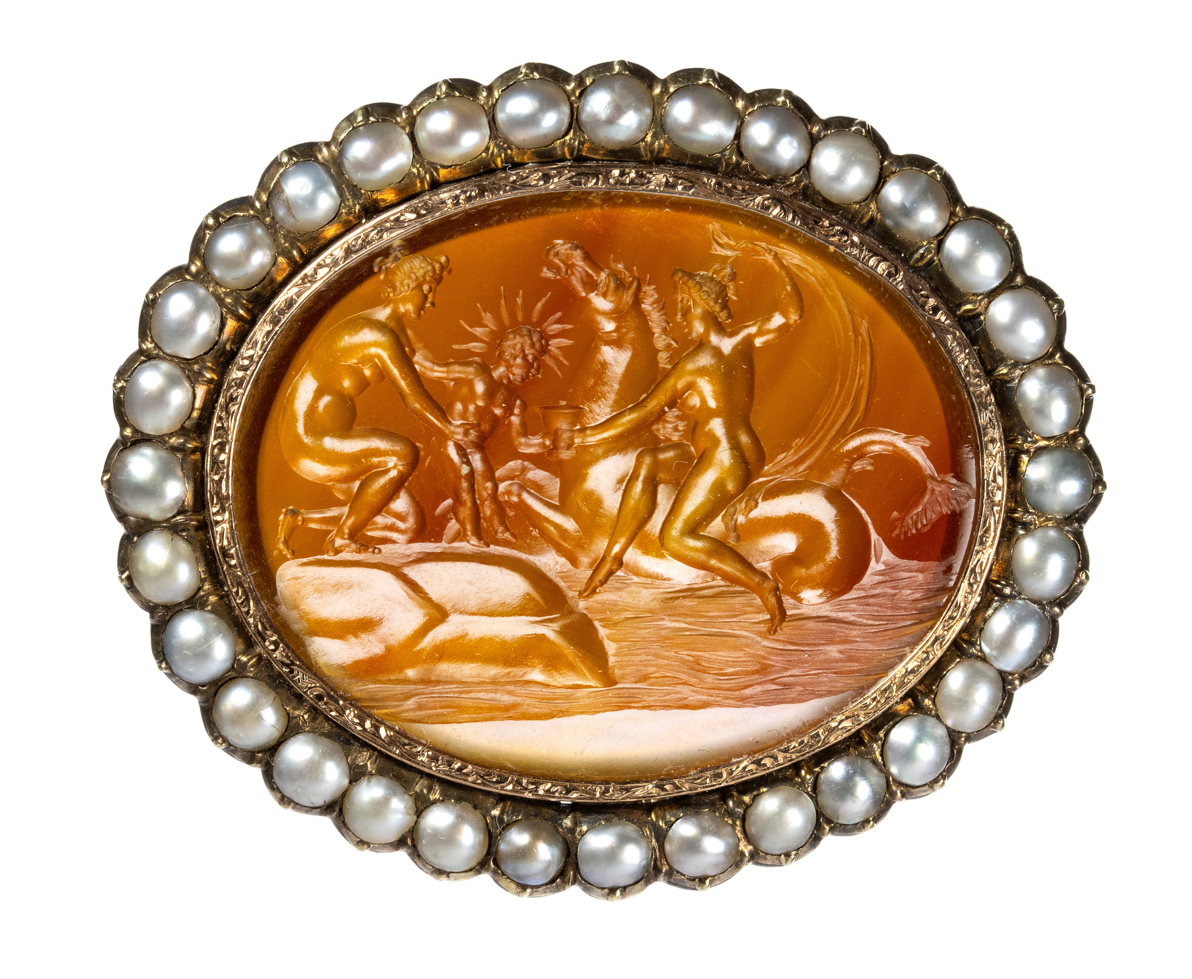 A fine Neoclassical carnelian intaglio set in a gold chiseled brooch with pearls. Mythological sc...
