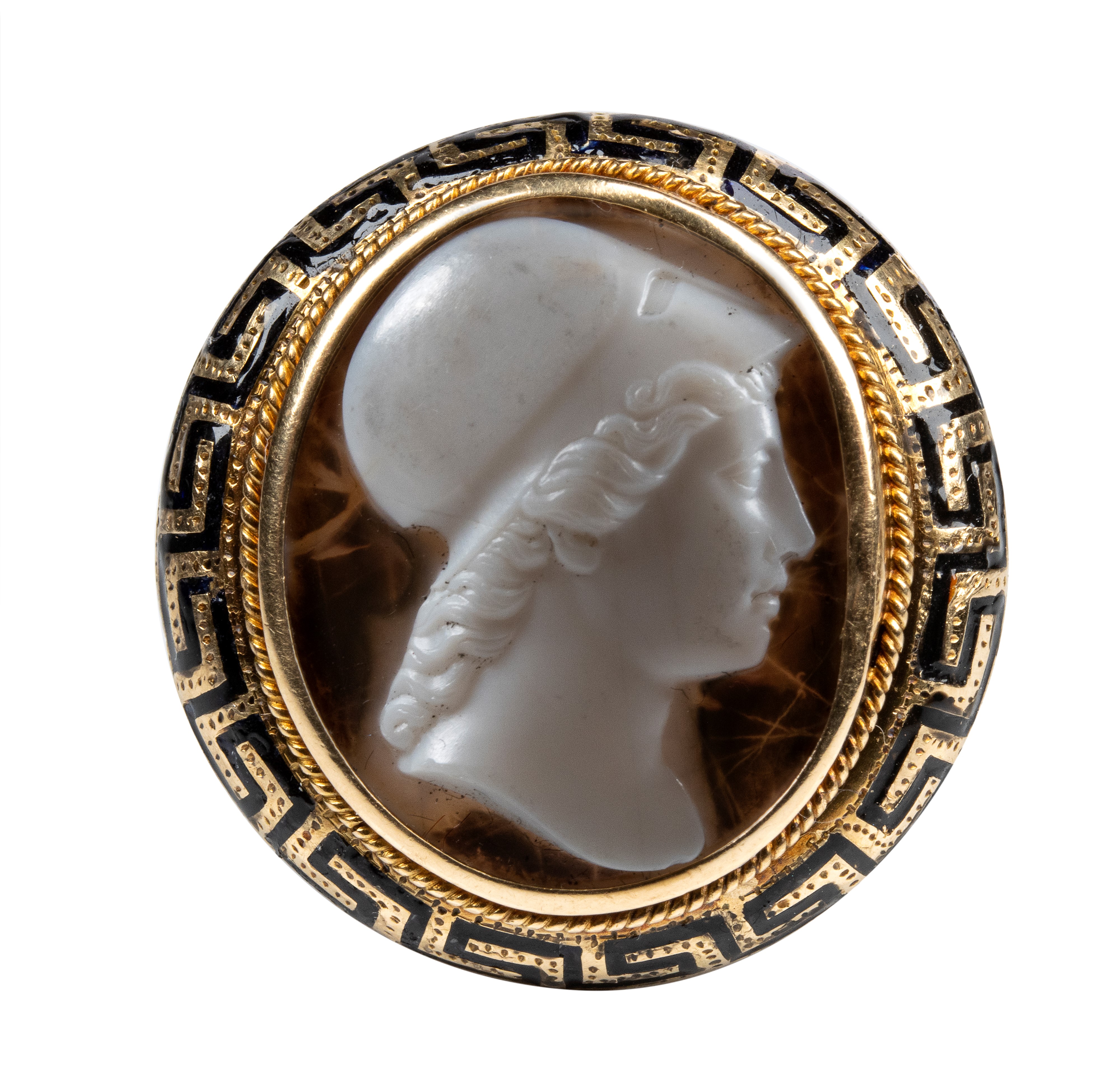 A Neoclassical agate cameo set in a gold and black enamel ring.