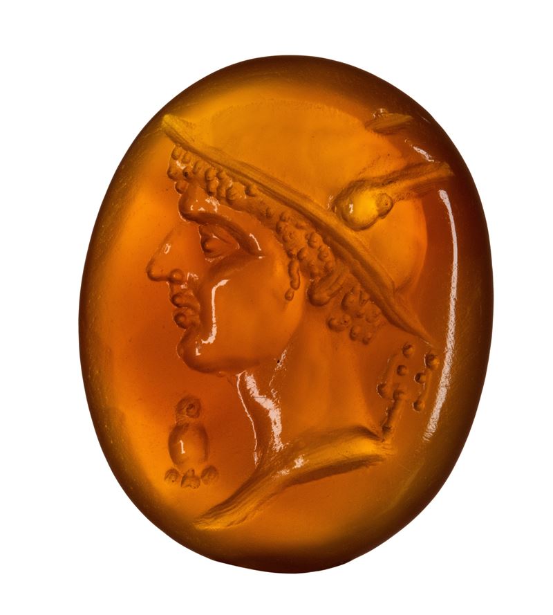 A fine Roman republican carnelian intaglio. Head of Hermes.