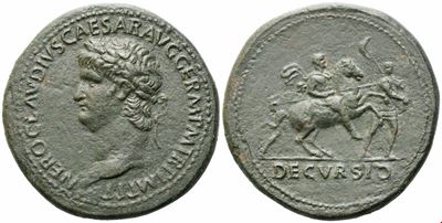 Nero, Sestertio di Roma (c. 63 d.C.), bronzo (Æ) con testa laureata e cavallo al galoppo